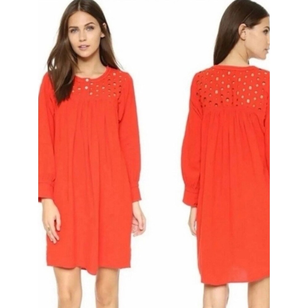 Madewell Joie Red Eyelet Yoke Long Sleeve Shift Mini Dress Boho Linen-Blend, XS